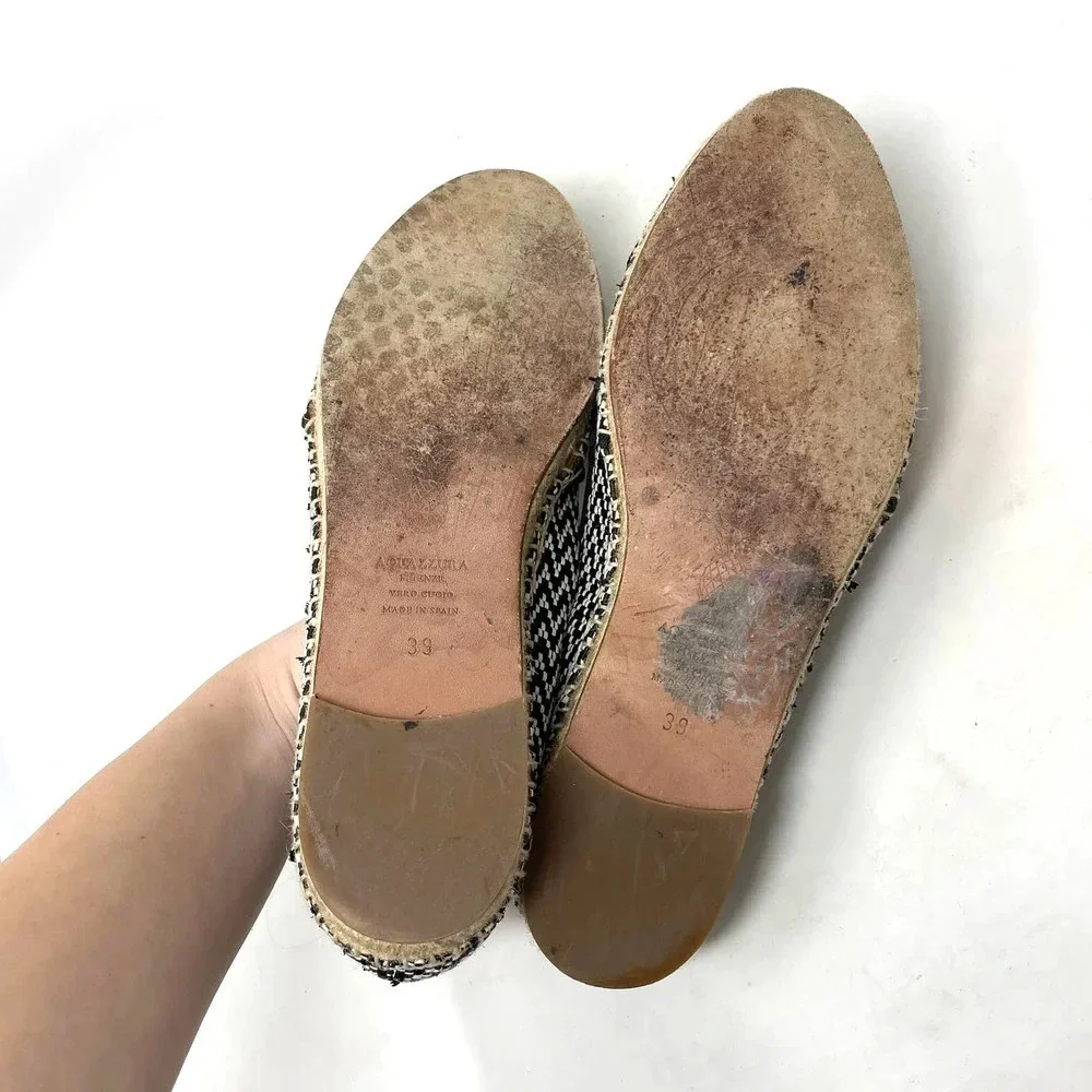 Aquazzura Pom Raffia Espadrille Flats Herringbone Black White Size 39 US‎ 9